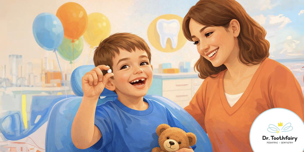 Smiling child showing gap from lost baby tooth celebrating tooth loss milestone