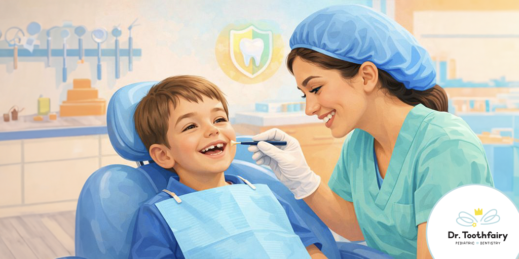 ai-009 Pediatric dentist providing gentle minimal intervention treatment to smiling child