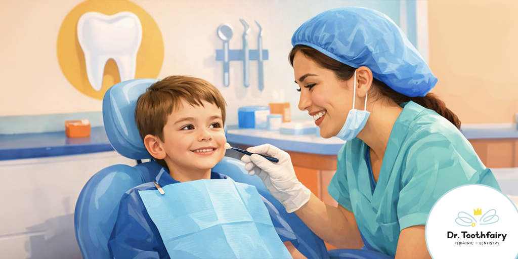 Pediatric dentist applying silver diamine fluoride treatment to child's tooth
