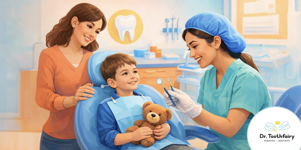 Child smiling confidently in a pediatric dental chair showing calm dental visit