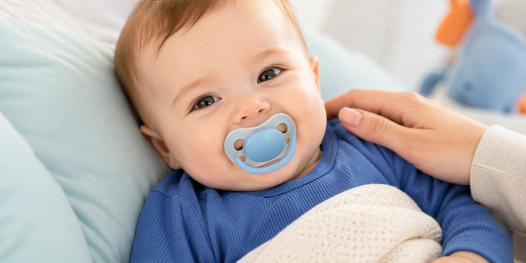 Baby with orthodontic pacifier showing healthy pacifier choice for dental development